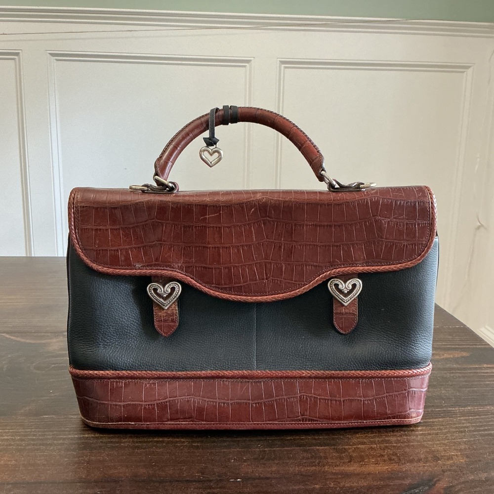 Vintage Brighton Caroline Two-Toned Leather Satchel/Briefcase Bag Heart Charm